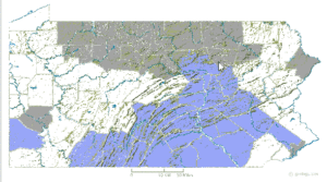 Blue = areas with confirmed nests; White = possibility of occurrence; Gray = unlikely due to forests or urbanization