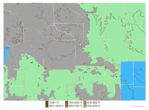 Blue = scattered breeding; Green = uncommon; Gray = rare to nonexistent